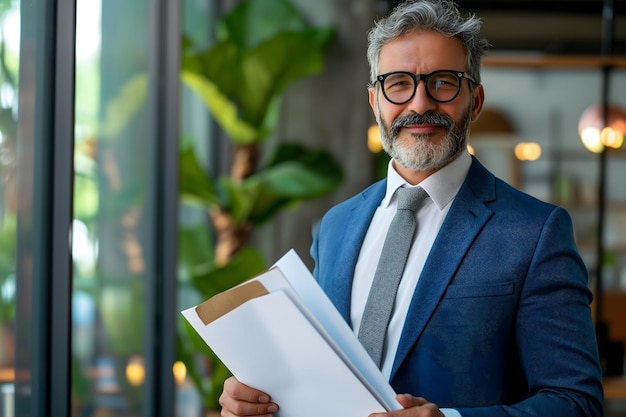 Gerente ejecutivo ocupado de mediana edad con un documento