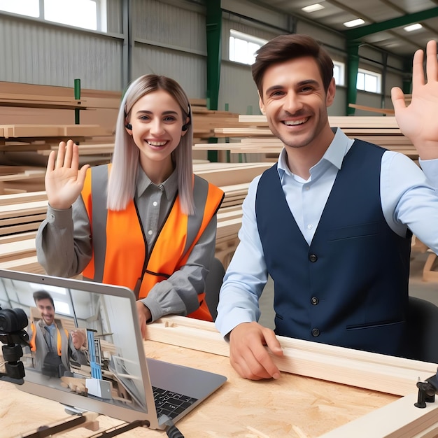 Gerente de empresa feliz y trabajadora saludando durante una videoconferencia en una instalación de producción de carpintería