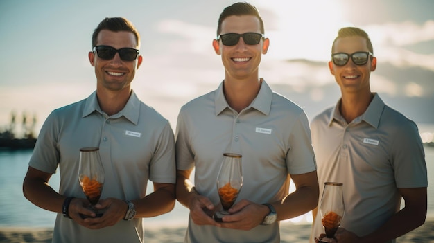 Gerente y equipo en una playa tranquila recibiendo trofeos de conchas por sus logros