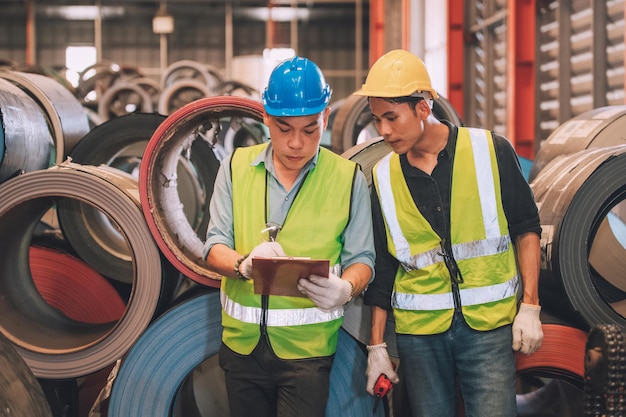 Gerente de fábrica de ingenieros asiáticos y empleado mecánico en casco de seguridad hablando e inspeccionando dentro de la fábrica