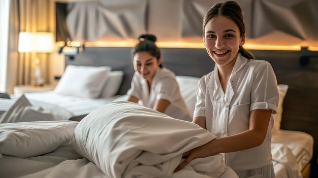 Foto gerente feliz ayudando a la joven criada a hacer la cama en la habitación del hotel concepto de servicio de hotel