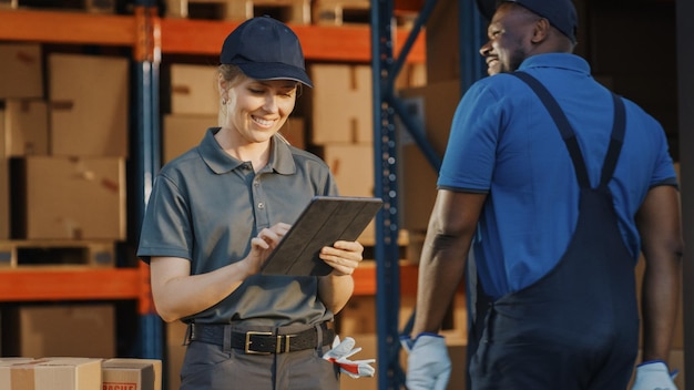 Foto gerente feminina usando tablet para verificar o inventário do armazém do centro de varejo com caixas de papelão comércio eletrônico pedidos on-line de alimentos herói da linha de frente