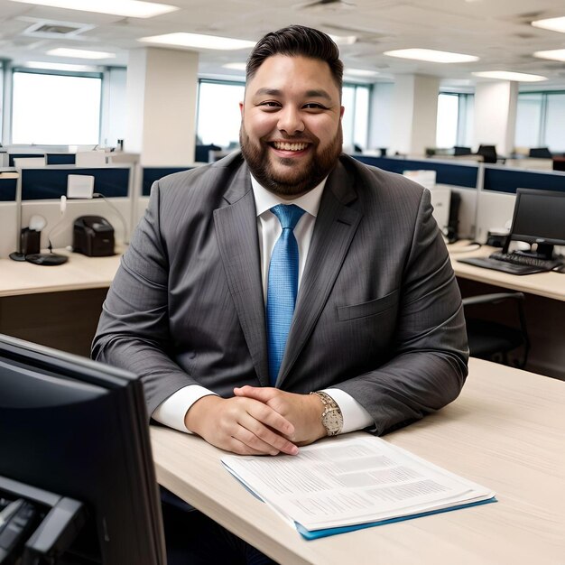 Foto gerente fotorrealista barbudo de talla grande sonriendo con un documento sobre la mesa