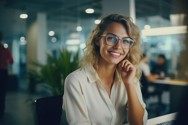 El gerente con gafas es muy agradable mujer inteligente administrador en una chaqueta y camisa utiliza una tableta