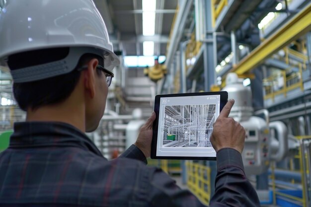 Gerente industrial controla braços robóticos com tablet em fábrica inteligente