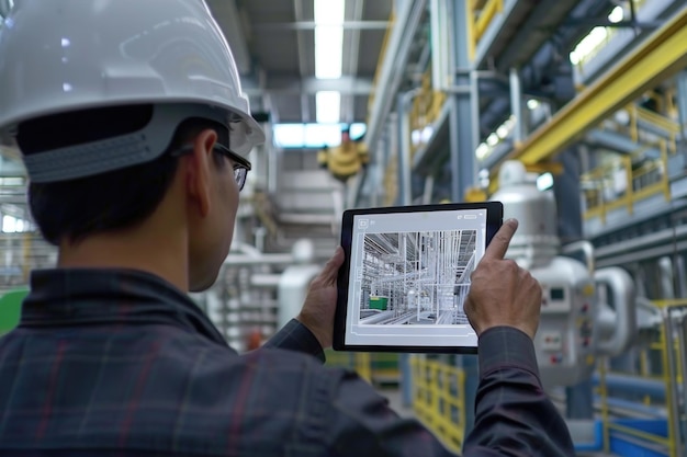 Foto el gerente industrial controla los brazos del robot con una tableta en una fábrica inteligente