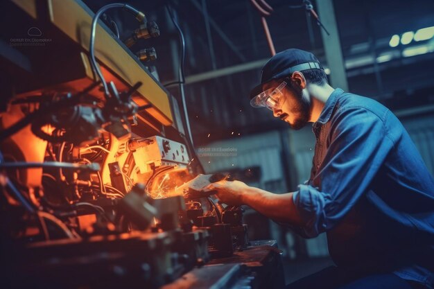 Gerente de ingenieros que comprueba y controla la automatización de las máquinas de brazos robóticos