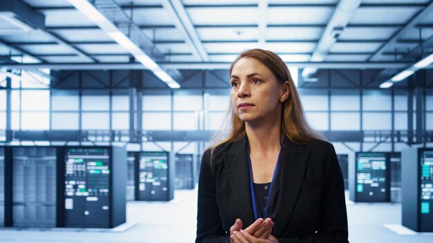 Gerente inspeccionando el equipo de la sala de servidores caminando entre las supercomputadoras