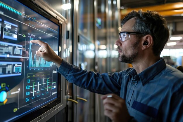 El gerente de la instalación supervisa los controles inteligentes del edificio en la pantalla táctil, optimizando la climatización y la iluminación