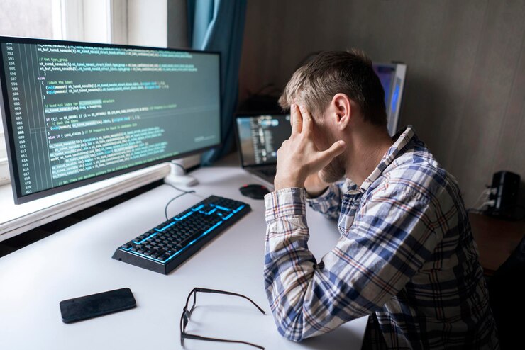 Foto un gerente masculino cansado e infeliz que siente estrés durante el proceso de trabajo