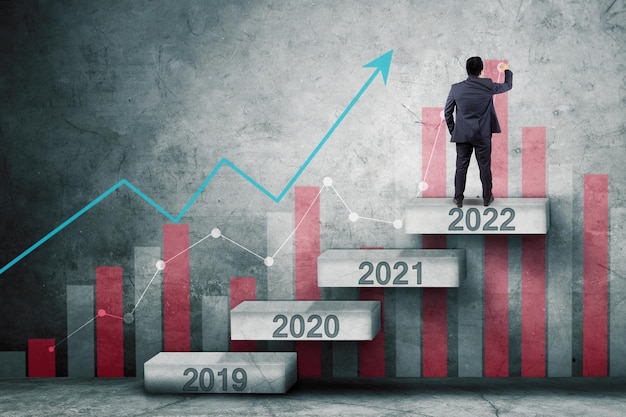 Gerente masculino desenha gráfico de crescimento em números de 2022