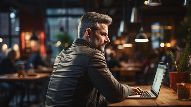 Gerente masculino serio y enfocado sentado en la oficina en la noche generativa ai