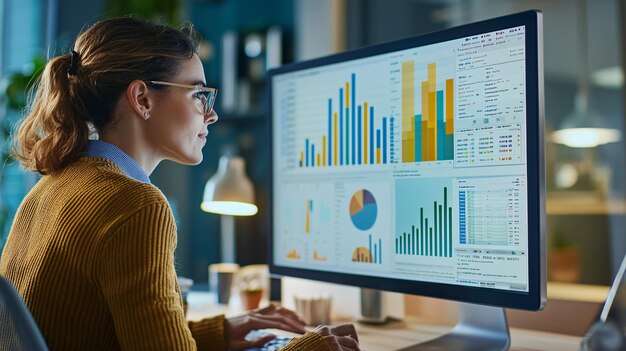 Gerente de medios sociales analizando el análisis de datos coloridos en una pantalla de computadora
