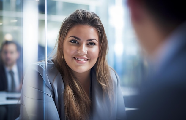 Una gerente de negocios vestida con ropa formal en su oficina de negocios