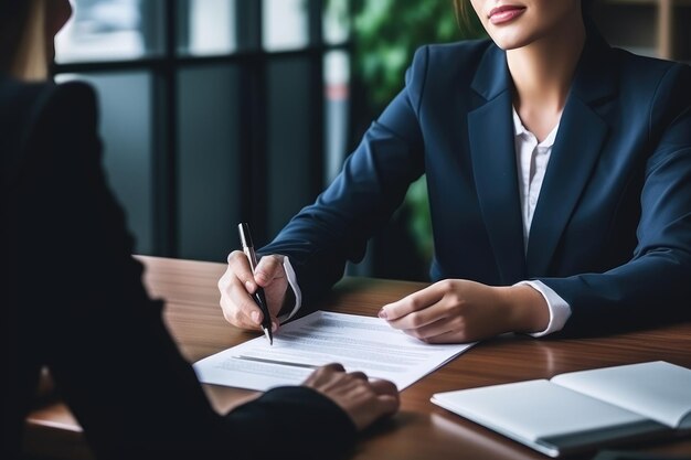 Gerente de personal en una entrevista de trabajo con una mujer joven entrevista de trabajo atmósfera amistosa ultra