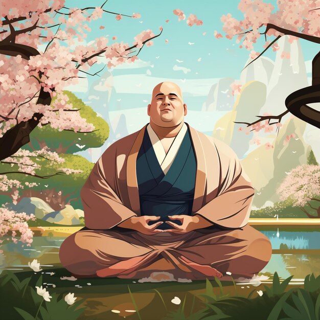 Gerente plussize praticando mindfulness em um sereno jardim japonês