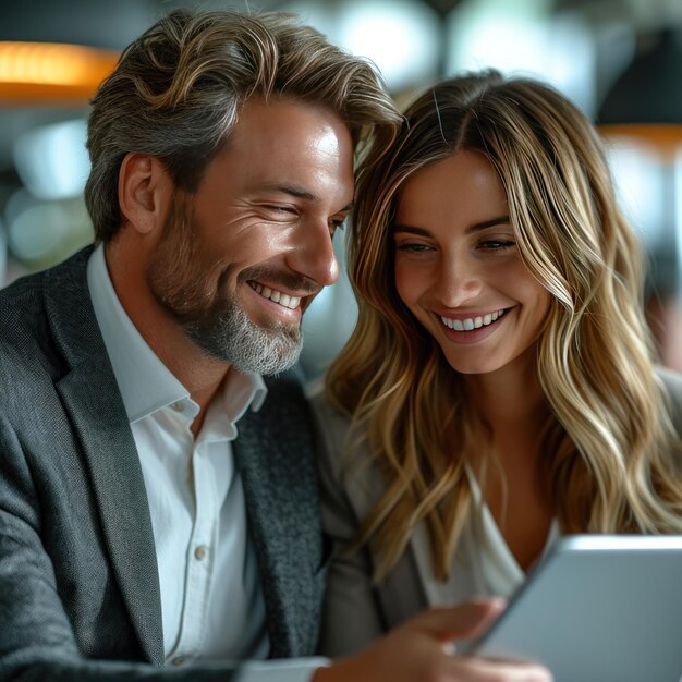 Gerente profesional feliz mostrando el plan de trabajo usando la pestaña ayudando al empleado Colegas ocupados trabajando con tableta digital hablando en la oficina