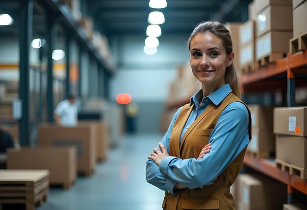 Gerente de proyecto femenina de pie en una fábrica industrial moderna Instalación de fabricación con robótica
