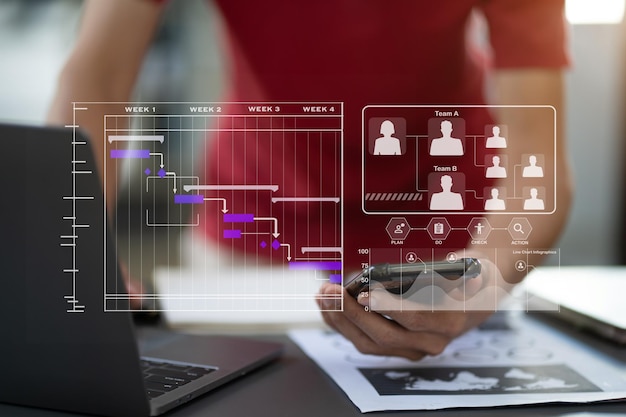 Gerente de proyecto de mano masculina que trabaja y actualiza las tareas y el diagrama virtual de programación de diagramas de Gantt con un teléfono inteligente y una computadora portátil en el hogar