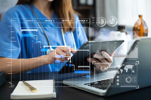 Gerente de proyecto que trabaja y actualiza las tareas con el diagrama de programación de diagramas de Gantt en el éxito del hospital médico inteligente que trabaja con el concepto de médico inteligentexA