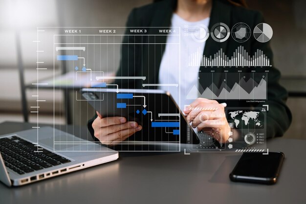 Gerente de proyecto trabajando y actualizando tareas y diagrama de Gantt programando diagrama virtual con teléfono inteligente tableta y portátil en la oficina