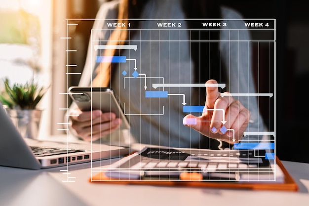 Gerente de proyecto trabajando y actualizando tareas con hitos planificación del progreso y diagrama de Gantt programación diagramas de negocio tranvía trabajando xAxA