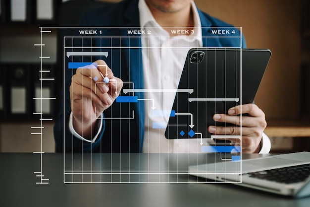 Gerente de proyecto trabajando y actualizando tareas con hitos, planificación de progreso y diagrama de programación de diagrama de Gantt, trabajo de tranvía comercial xAxA