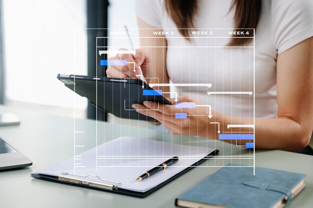 Gerente de proyecto trabajando y actualizando tareas con planificación de progreso de hitos y diagrama de Gantt
