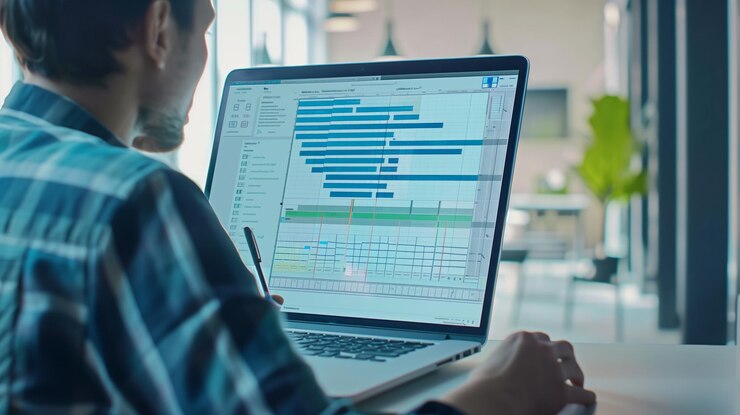 Foto gerente de proyecto trabajando en la planificación de portátiles con programación de diagramas de gantt