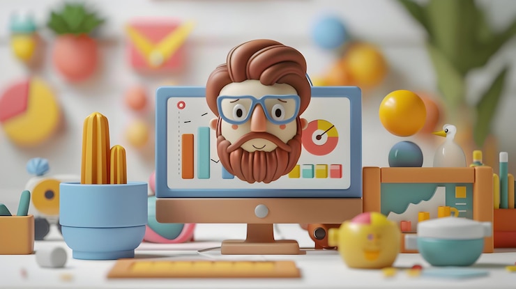 Foto gerente de proyectos de íconos planos 3d con pantalla y concepto de gráficos para reuniones en línea
