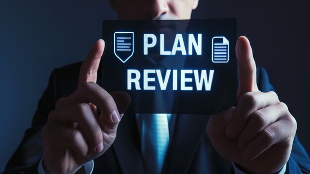 El gerente de la reunión de negocios muestra la revisión del plan de la empresa en la reunión Holograma de texto de revisión del plan