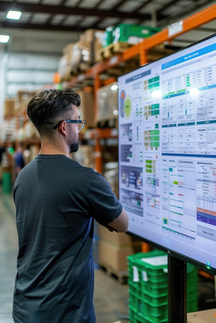 Foto gerente revisando el tablero de inventario en una pantalla grande trabajadores cargando paletas en el fondo