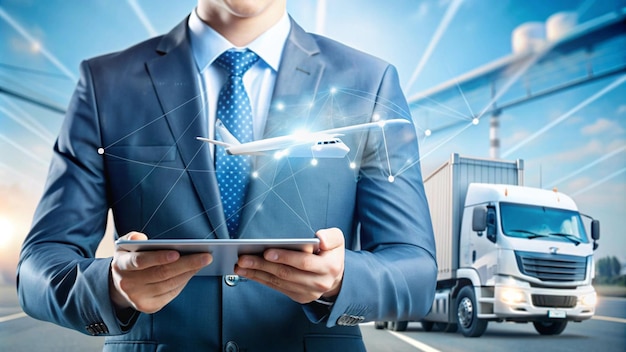 Gerente de transporte y logística comprobando y controlando la distribución de la red logística del cliente