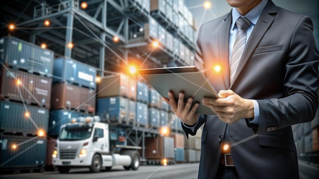 Gerente de transporte y logística comprobando y controlando la distribución de la red logística del cliente