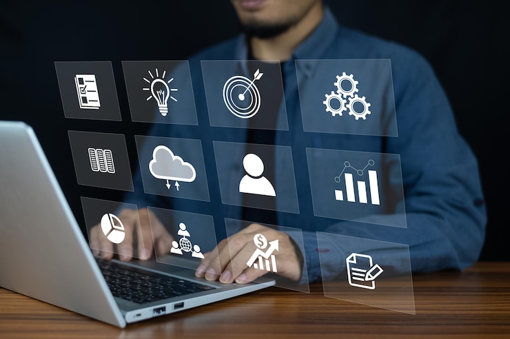 Foto el gerente utiliza los datos de la computadora en el tablero de control de la conexión del dispositivo de información del icono de gestión con soporte de ia en el trabajo