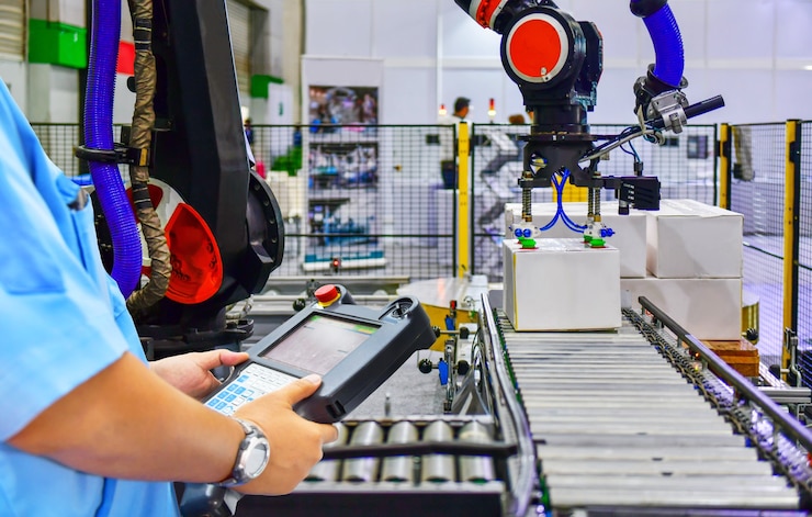 Foto gerente de verificación y control de cajas de cartón de línea de producción automatizada en cinta transportadora