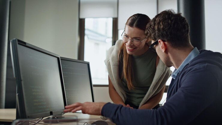 Foto gerentes amigables que buscan computadora en la oficina, entrenan a los hombres, discuten el código.