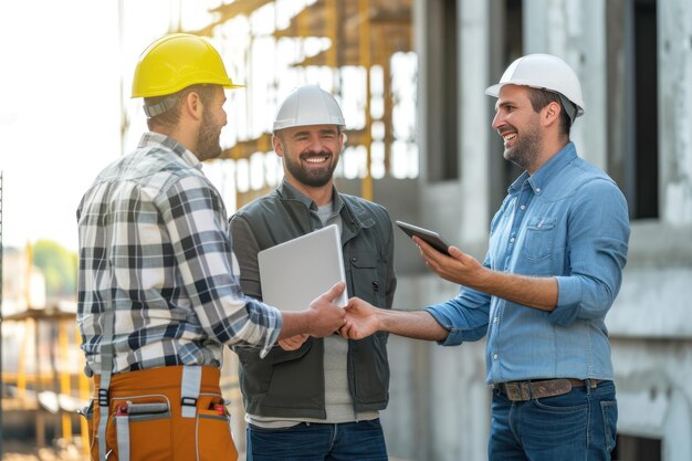 Foto los gerentes de construcción se estrechan la mano con una sonrisa uno de ellos tiene un ipad