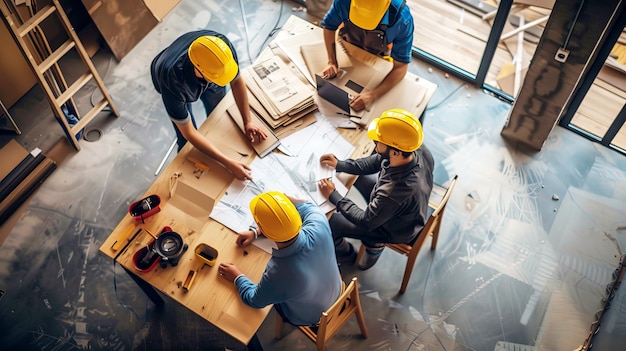 Gerentes de construção e engenheiros discutem o plano de arquitetura