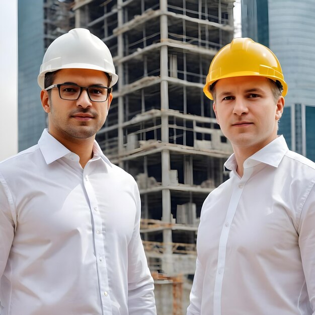 Gerentes de construção supervisionando o desenvolvimento no local do arranha-céu urbano à luz do dia investidor árabe