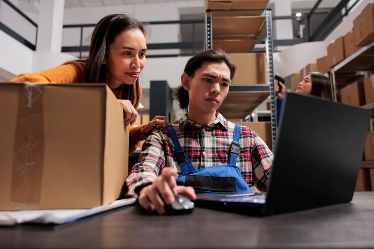 Foto gerentes de envío de almacén que leen la satisfacción del cliente de entrega en una computadora portátil. almacén minorista, hombres y mujeres asiáticos, empleados que verifican el boleto de selección y preparan la caja para el envío
