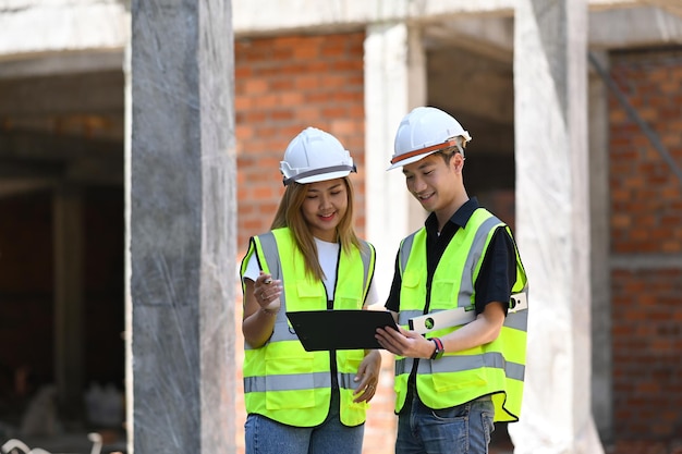 Gerentes de ingenieros con chaleco de seguridad y casco trabajando juntos en el sitio de construcción