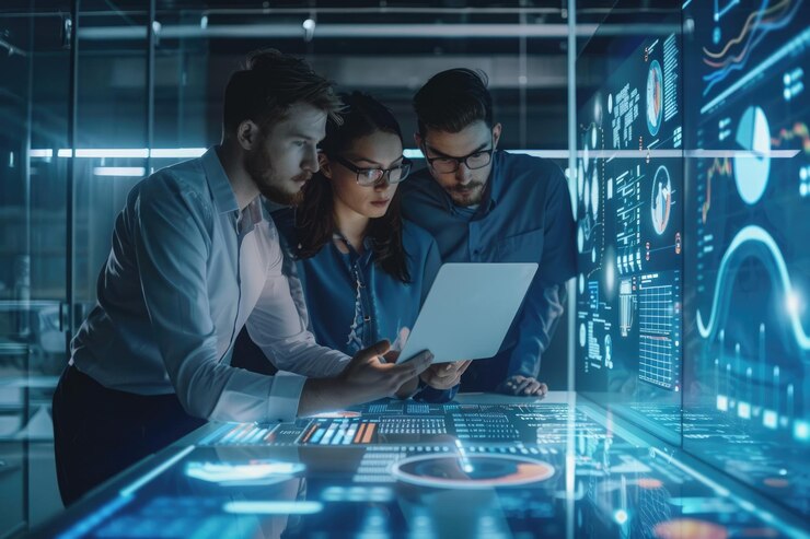 Los gerentes de proyectos globales analizan los datos de los productos en computadoras portátiles y tabletas