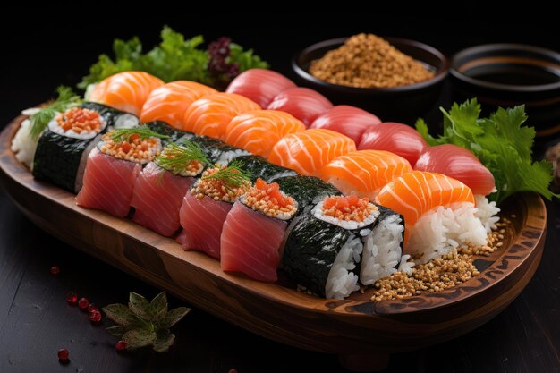Gericht aus frischem Sushi und buntem Sashimi, generativ IA