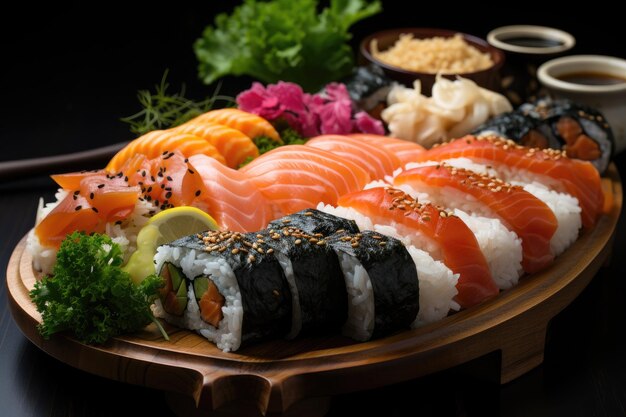 Gericht aus frischem Sushi und buntem Sashimi, generativ IA