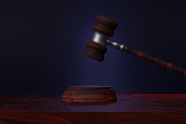 Gerichtlicher Holzhammer auf dunklem Hintergrund Hammer angehoben, um zu schlagen Gerechtigkeitsgesetz Symbol 3D-Rendering