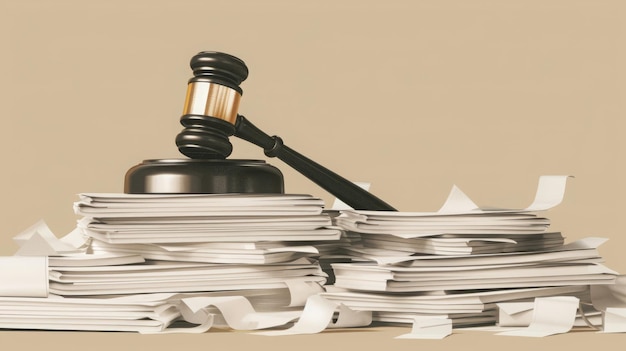Gerichtsakten Anwalt Hammer Stapel von Dokumenten Lösung von Fällen Justiz Anwälte Beschlüsse Rechtsanwälte