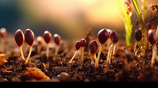 Foto germinação de sementes de vegetais na terra sob a neve no inverno