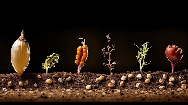 Germinando sementes de vegetais na terra em várias estações geradas por IA