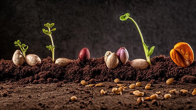 Germinando sementes de vegetais na terra em várias estações geradas por IA